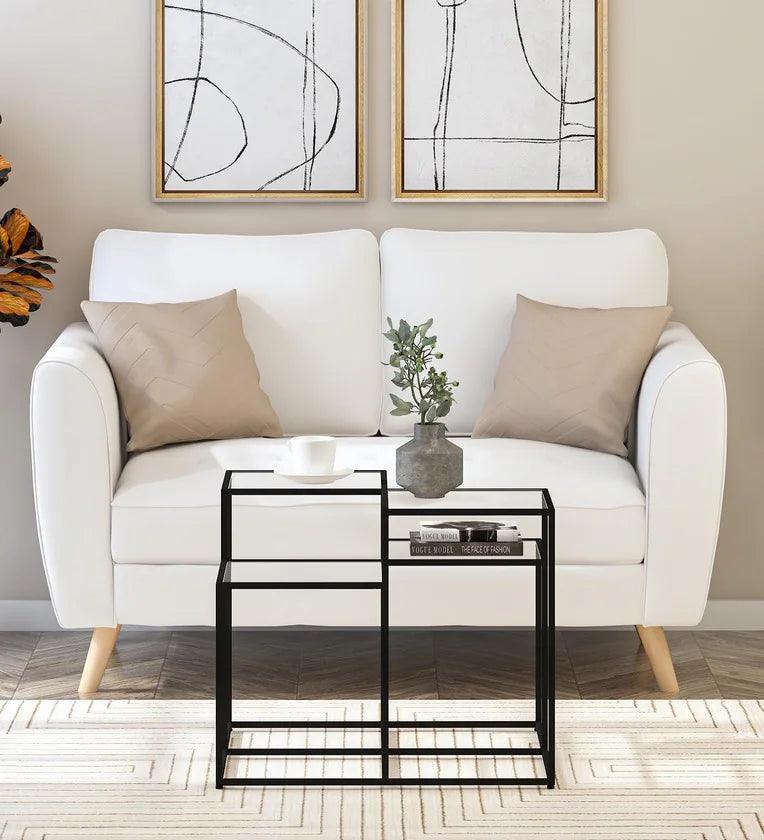 Square Metal Coffee Table In Black Colour With Glass Top - Ouch Cart