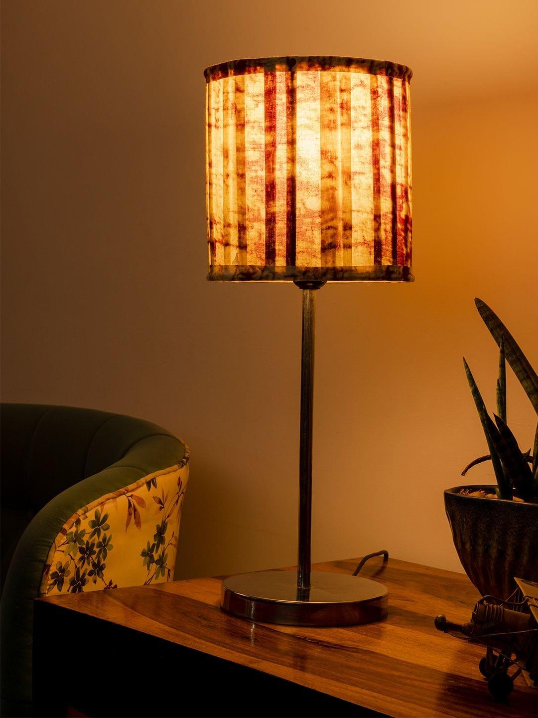 Metal Chrome Finish Lamp with Pleeted Multicolor Maroon Shade - Ouch Cart