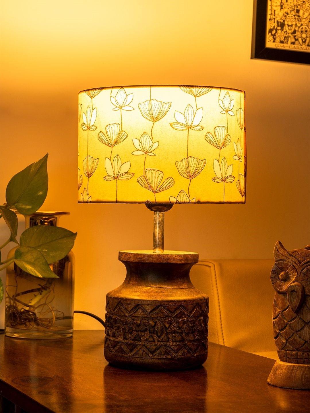 Wooden Carved Lamp with Mustard Flora Multicolor Shade - Ouch Cart