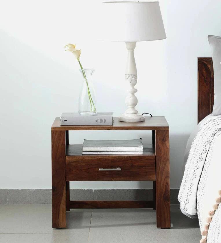 Sheesham Wood Bedside Table In Provincial Teak Finish With Drawer - Ouch Cart