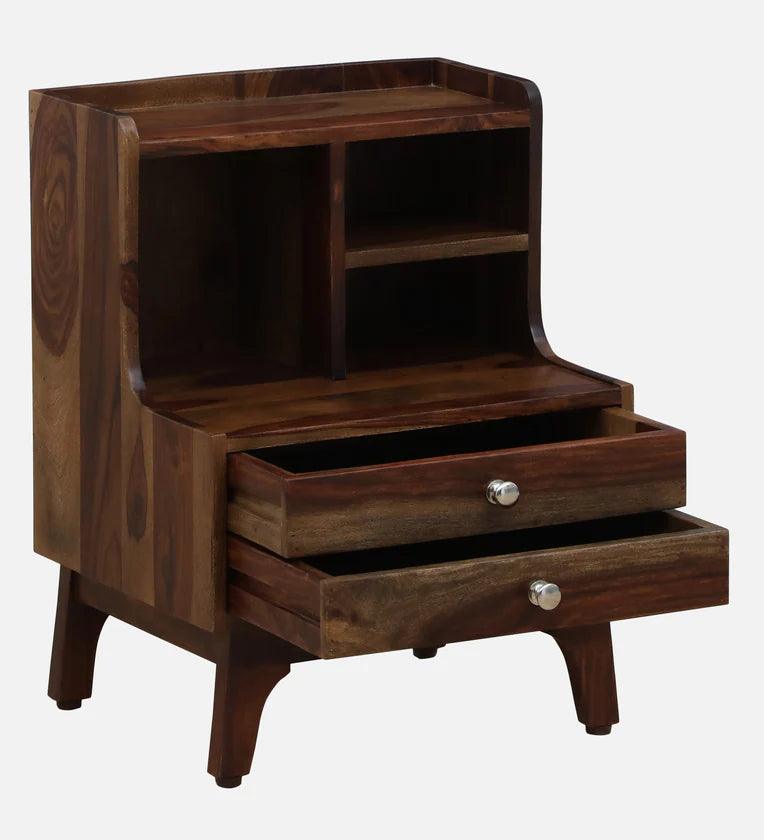 Sheesham Wood Bedside Table In Provincial Teak Finish With Drawers & Shelve - Ouch Cart