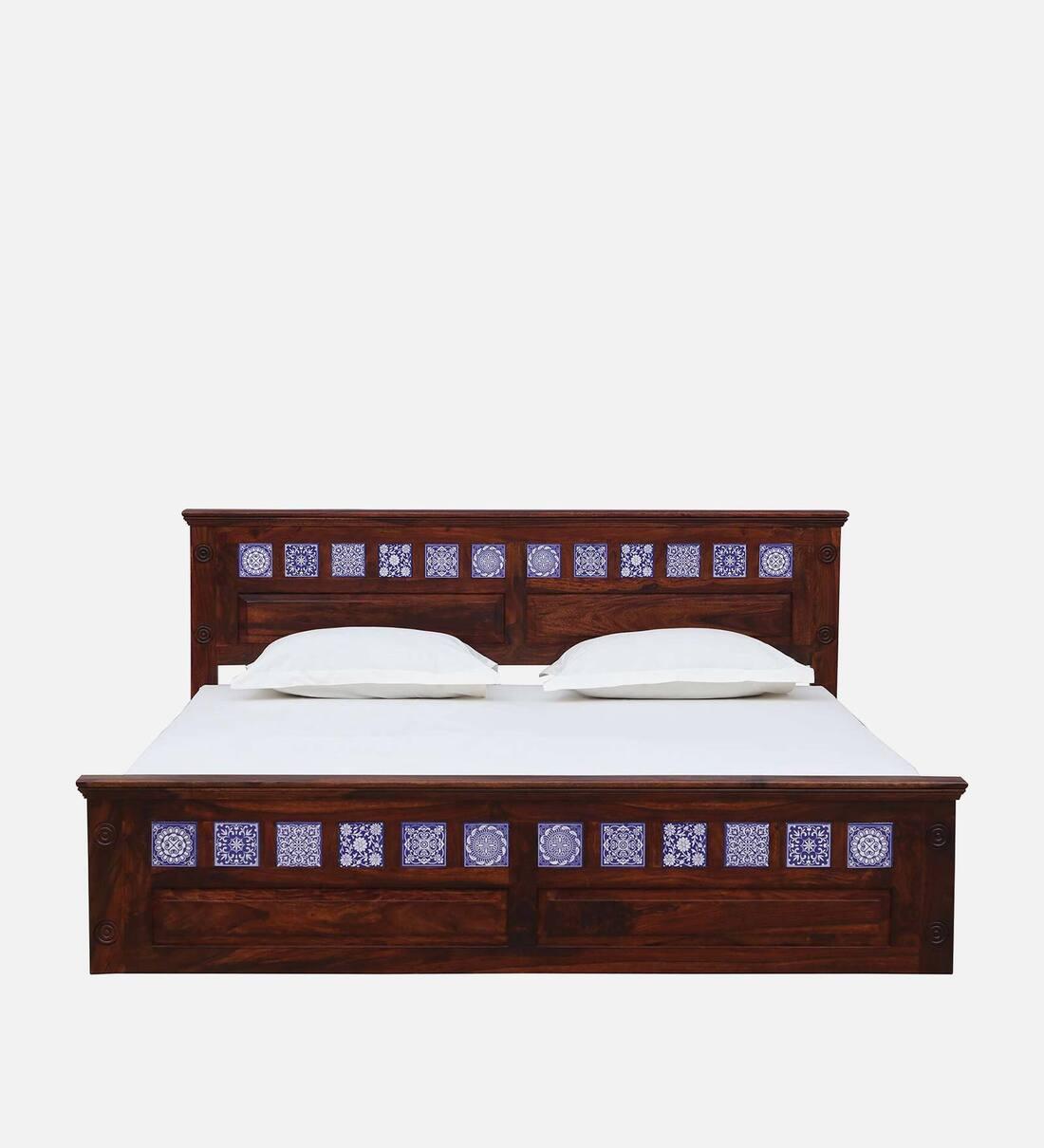 Sheesham Wood King Size Bed In Scratch Resistant Honey Oak Finish with Tiles on Footrest - Ouch Cart