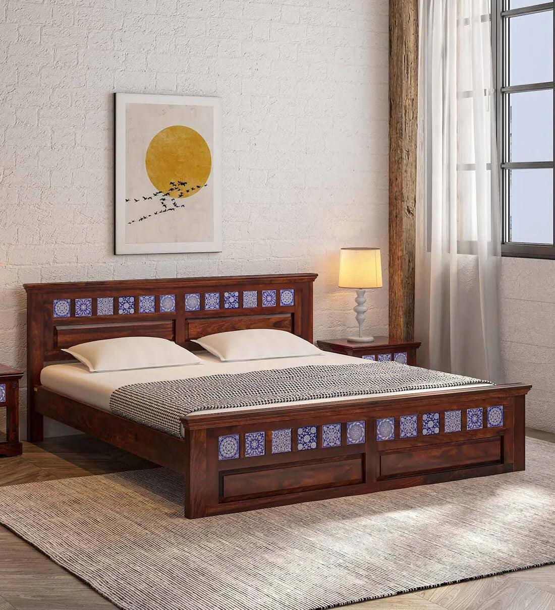 Sheesham Wood King Size Bed In Scratch Resistant Honey Oak Finish with Tiles on Footrest - Ouch Cart
