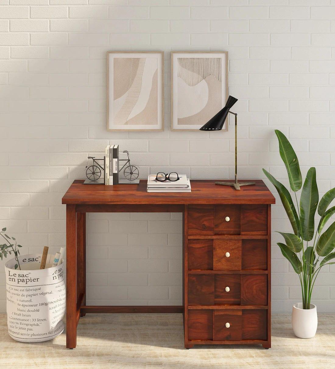 Kelty Sheesham Wood Writing Table In Honey Oak Finish With Drawers, - Ouch Cart