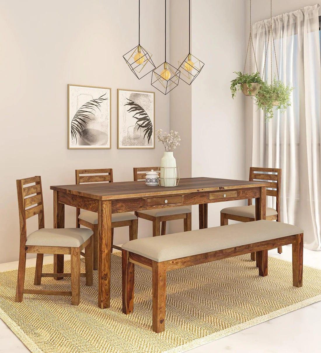 Kentan Sheesham Wood 6 Seater Dining Set In Rustic Teak With Bench, - Ouch Cart
