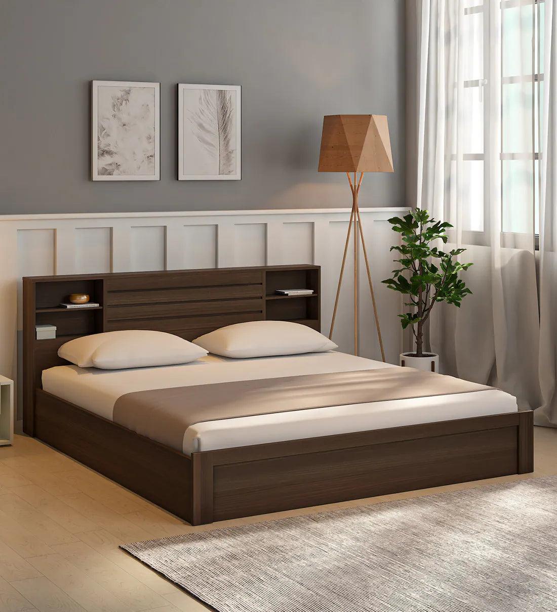 King Size Bed in Brown Finish with Box Storage - Ouch Cart