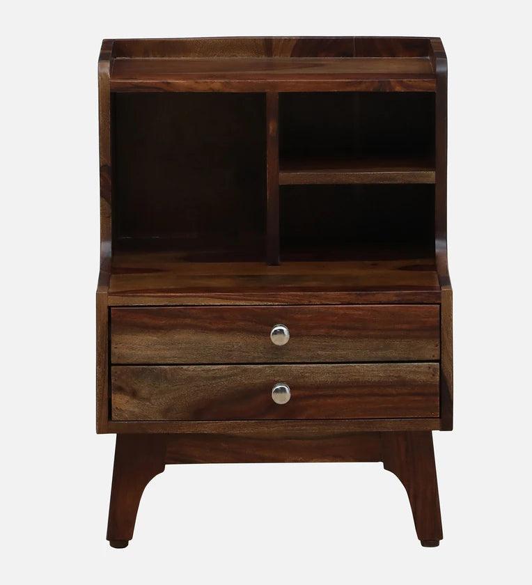 Sheesham Wood Bedside Table In Provincial Teak Finish With Drawers & Shelve - Ouch Cart