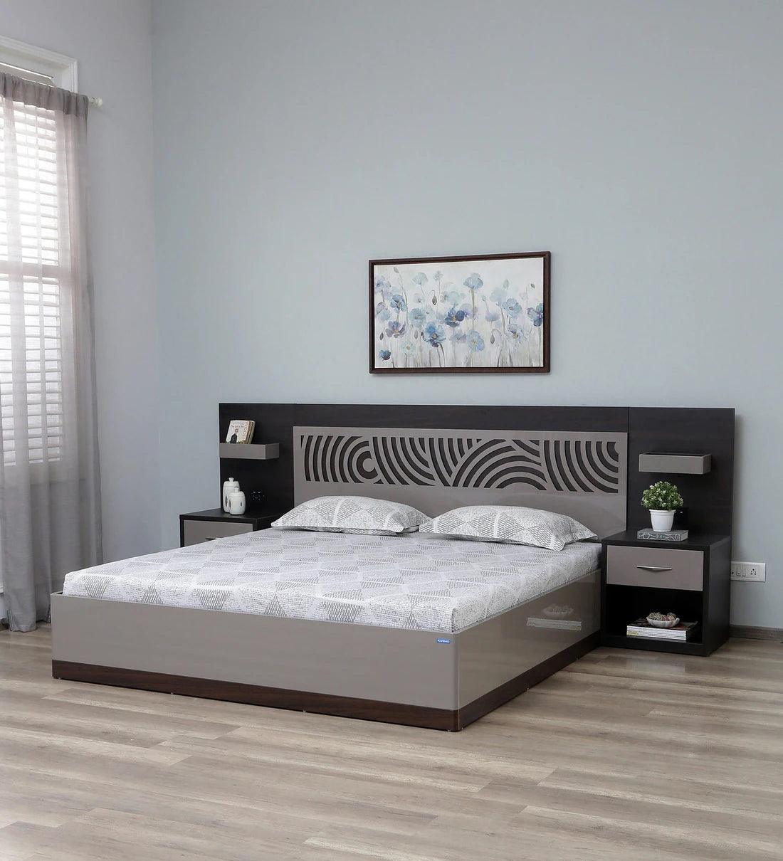 Ripple King Size Bed in High Gloss Grey Finish with Hydraulic Storage - Ouch Cart