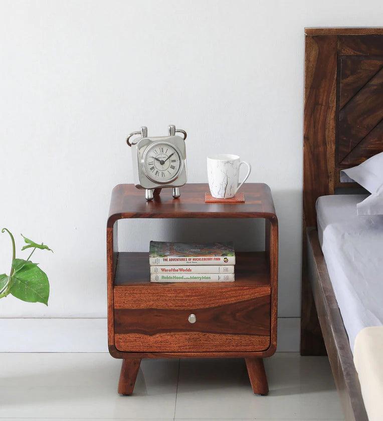 Solid Wood Bedside Table In Scratch Resistant Honey Oak Finish With Drawer - Ouch Cart