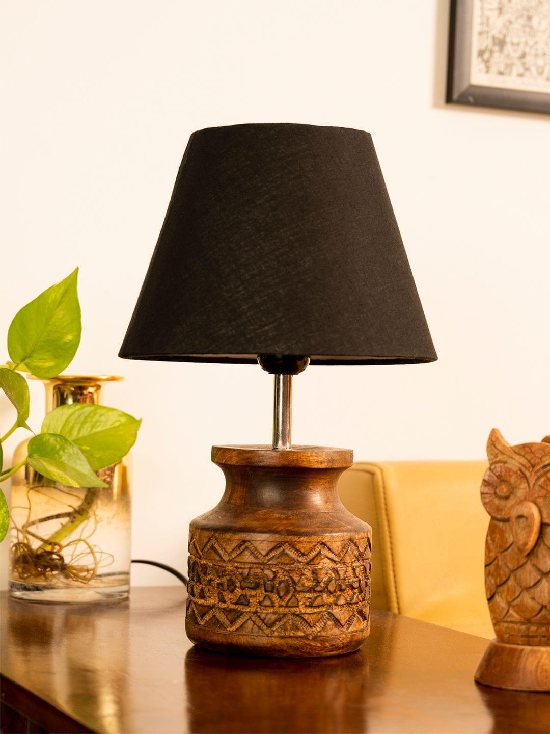 Wooden Carved Lamp with Taper Cotton Black Shade - Ouch Cart