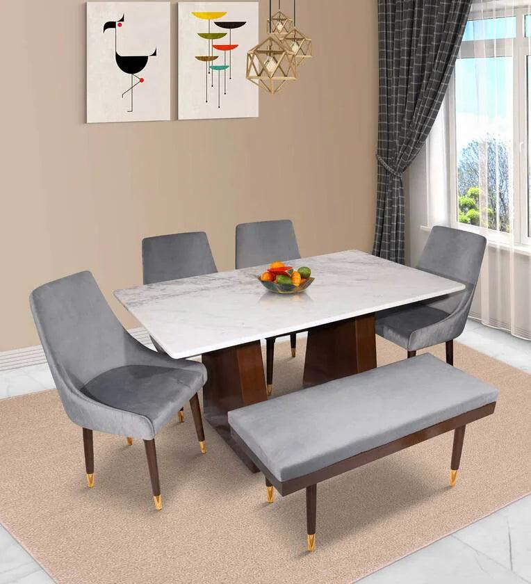 Marble Top 6 Seater Dining Set in Teak Wood with Bench - Ouch Cart
