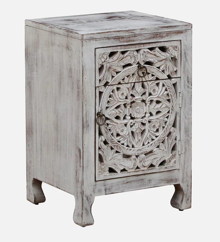 Solid Wood Bedside Table In White Distress Finish - Ouch Cart