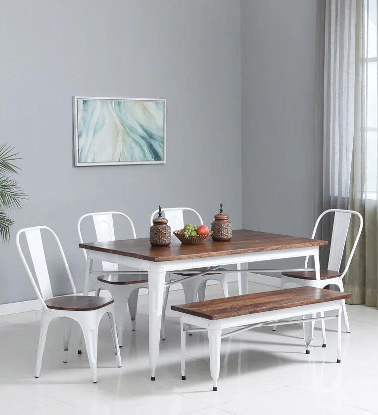 Metal 6 Seater Dining Set In Scratch Resistant White Colour With Bench - Ouch Cart