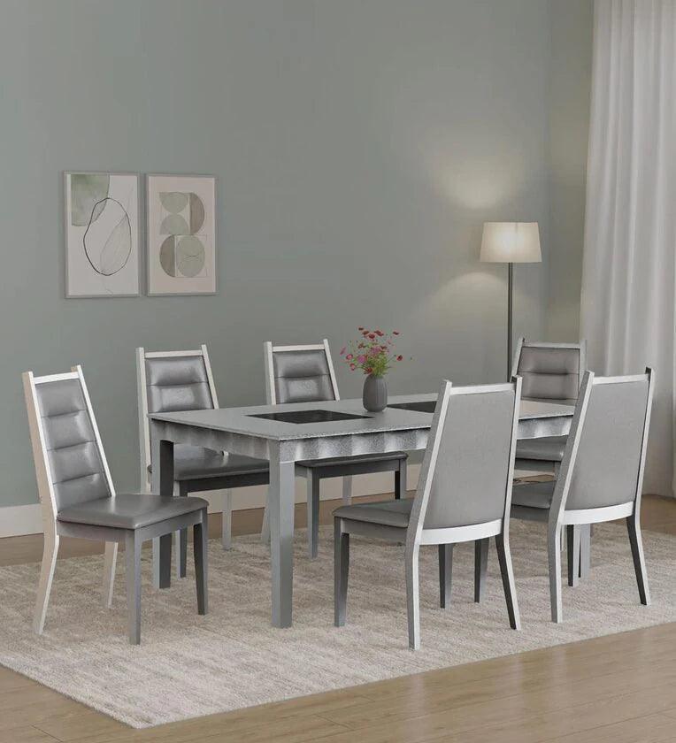Solid Wood 6 Seater Dining Set In Metallic Silver Finish - Ouch Cart