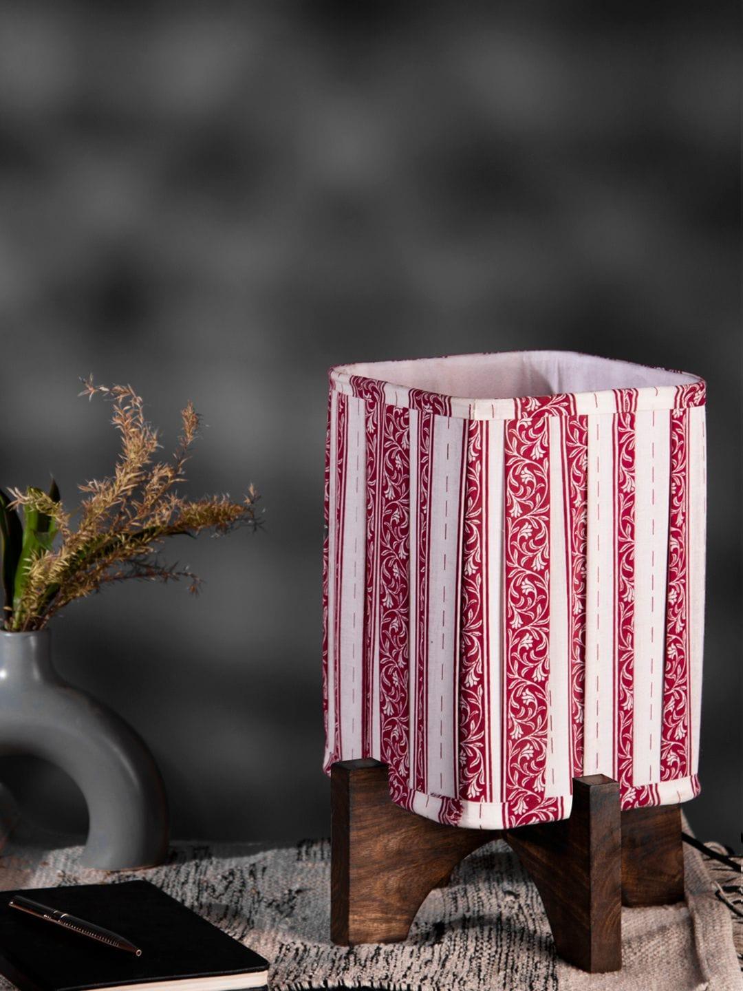 Wooden Brown Base Lamp with pleeted Red Leafyprint Soft Shade - Ouch Cart