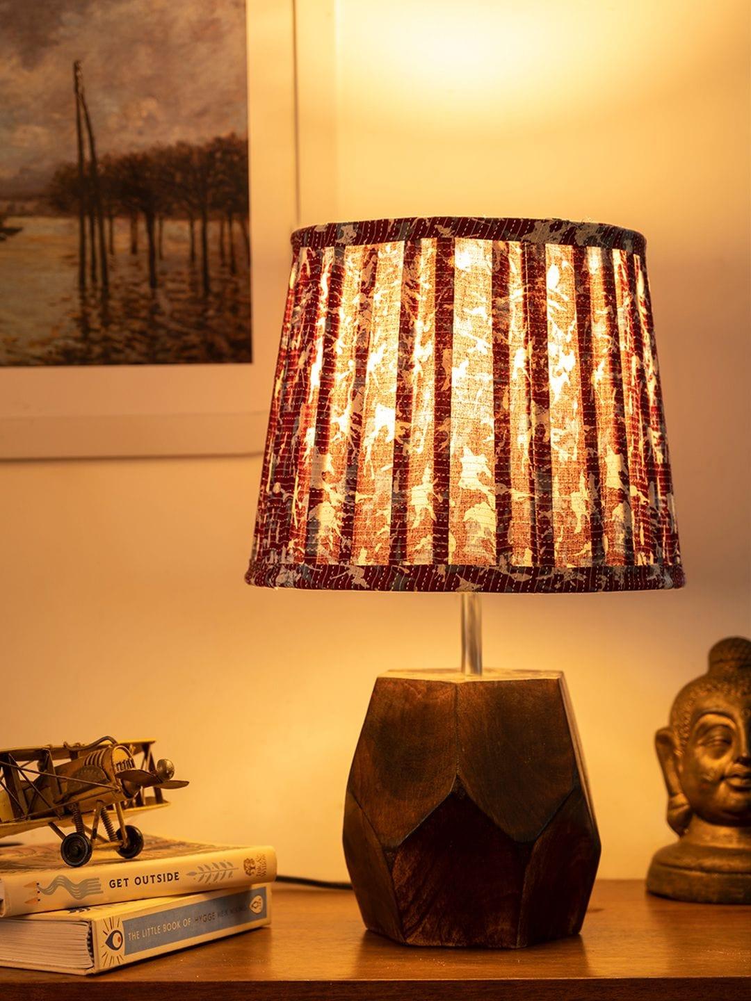 Wooden Hexa Lamp with Pleeted Multicolor Maroon Shade - Ouch Cart