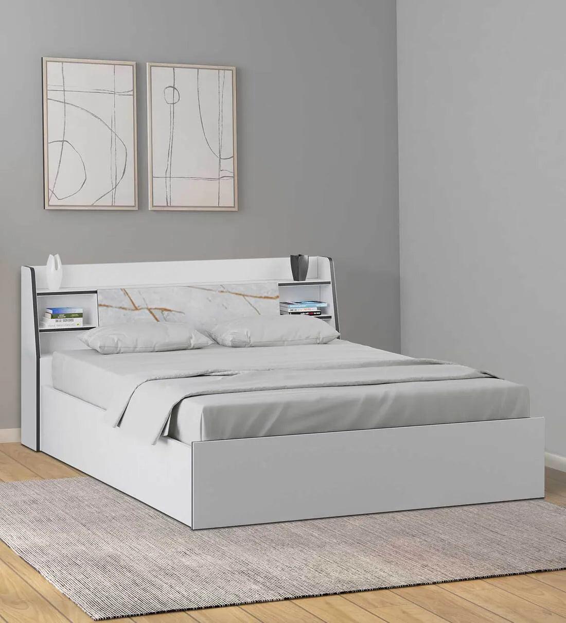 King Size Bed in White Finish with Box Storage - Ouch Cart