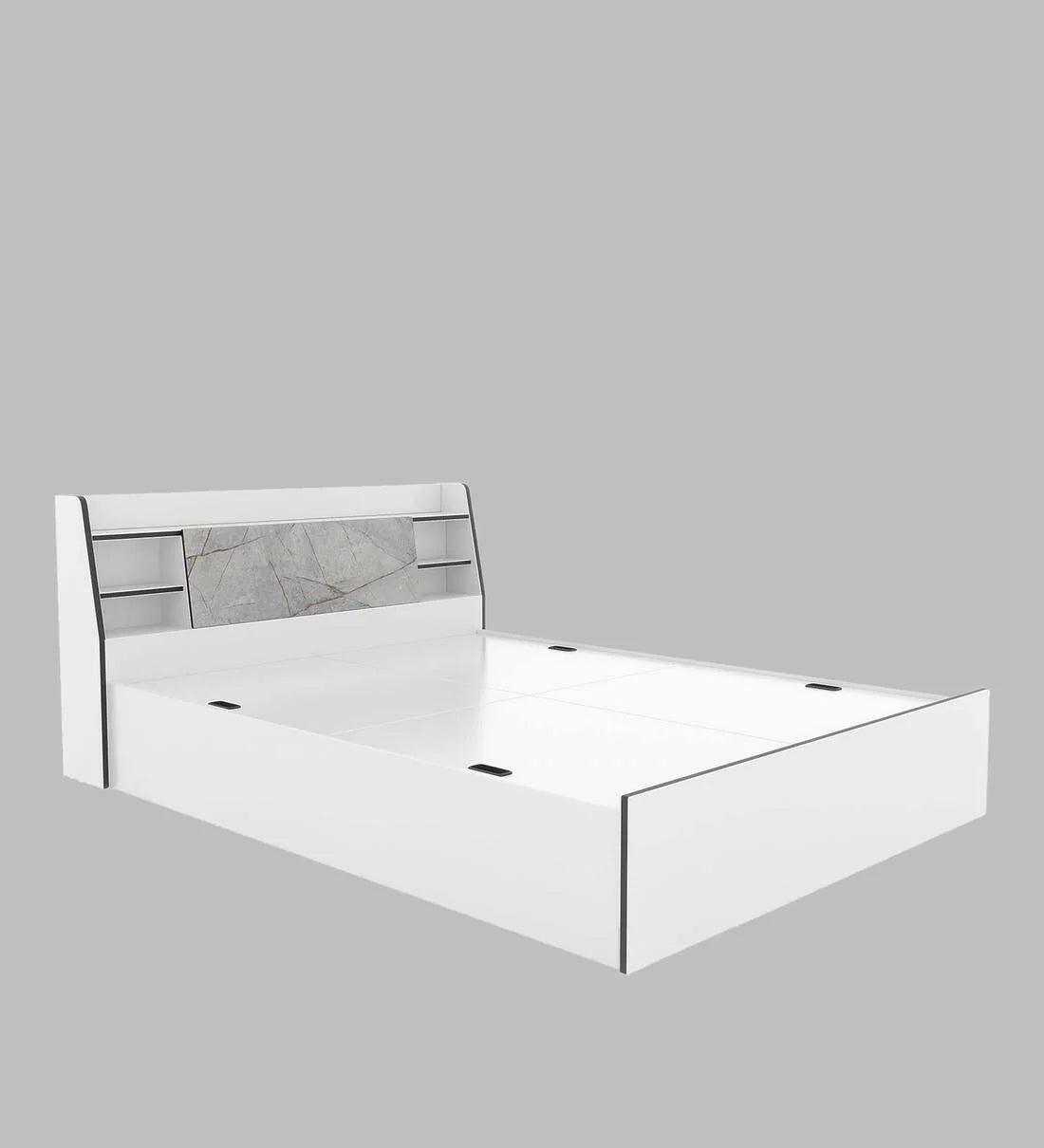 King Size Bed in White Finish with Box Storage - Ouch Cart