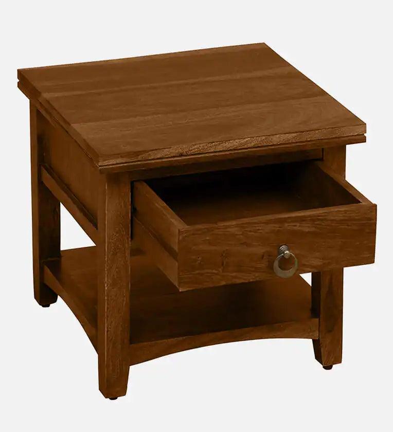 Sheesham Wood Bedside Table in Scratch Resistant Provincial Teak Finish With Drawer - Ouch Cart