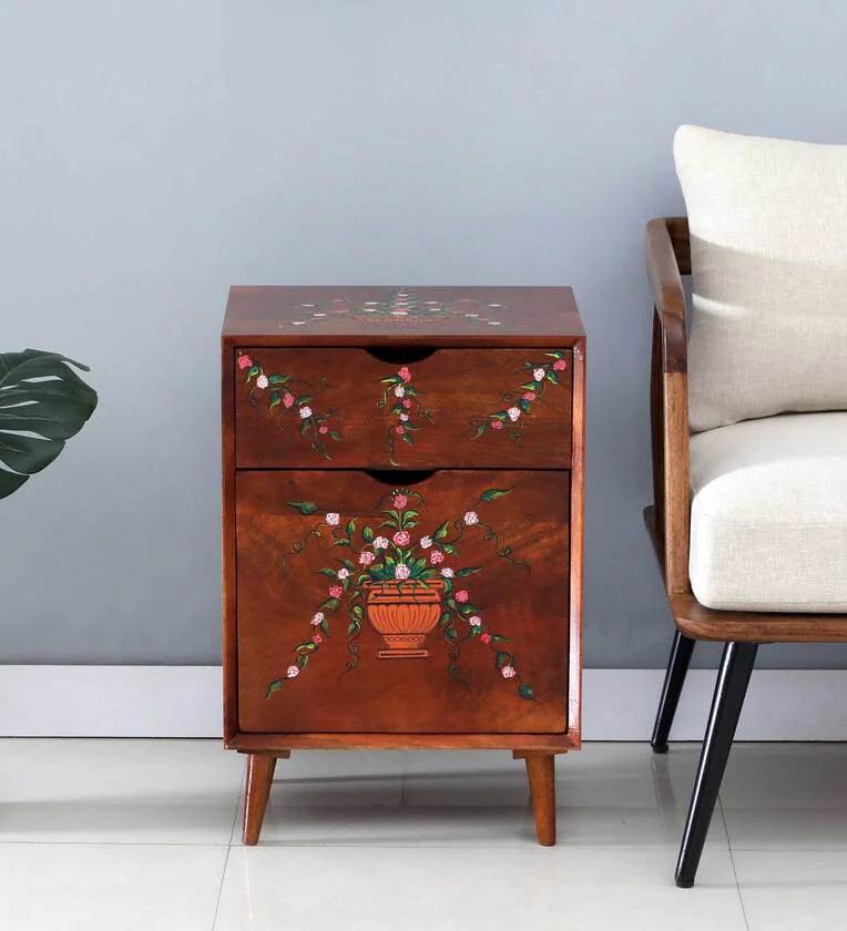 Solid Wood Bedside Table In Hand-Painted Multicolour With Premium Gloss finish - Ouch Cart