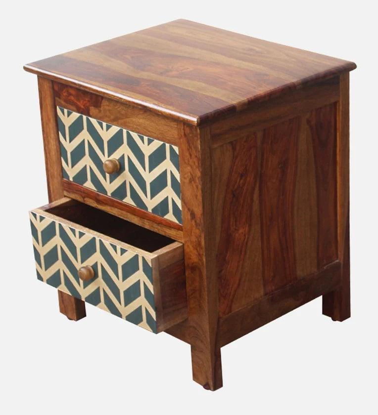 Sheesham Wood Bedside Table in Teak Finish with Drawers - Ouch Cart