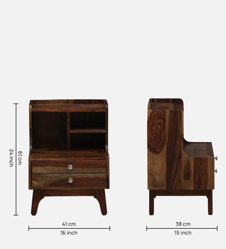 Sheesham Wood Bedside Table In Provincial Teak Finish With Drawers & Shelve - Ouch Cart