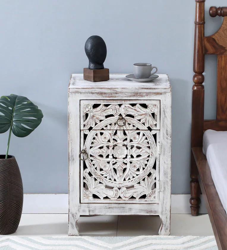 Solid Wood Bedside Table In White Distress Finish - Ouch Cart