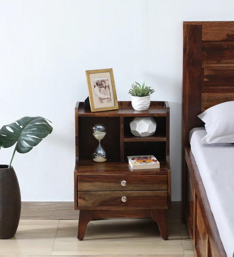 Sheesham Wood Bedside Table In Provincial Teak Finish With Drawers & Shelve - Ouch Cart