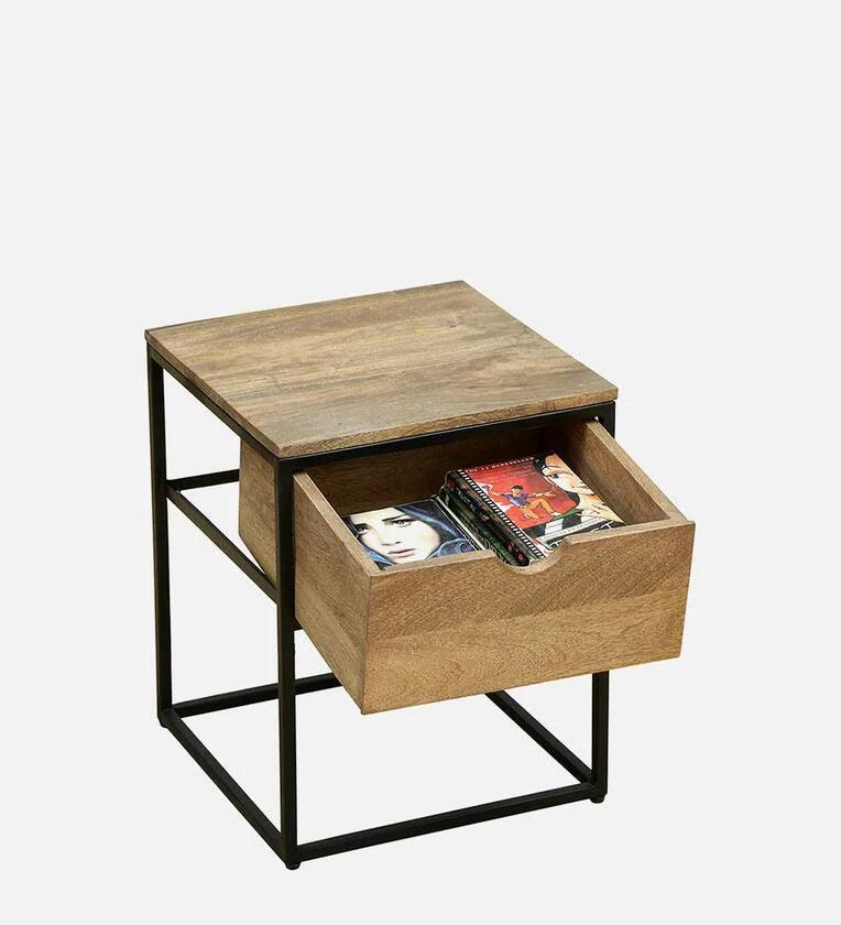Metal Bedside Table In Natural Finish With Drawer - Ouch Cart