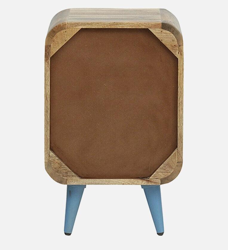 Solid Wood Bedside Table In Blue Colour With Drawers - Ouch Cart
