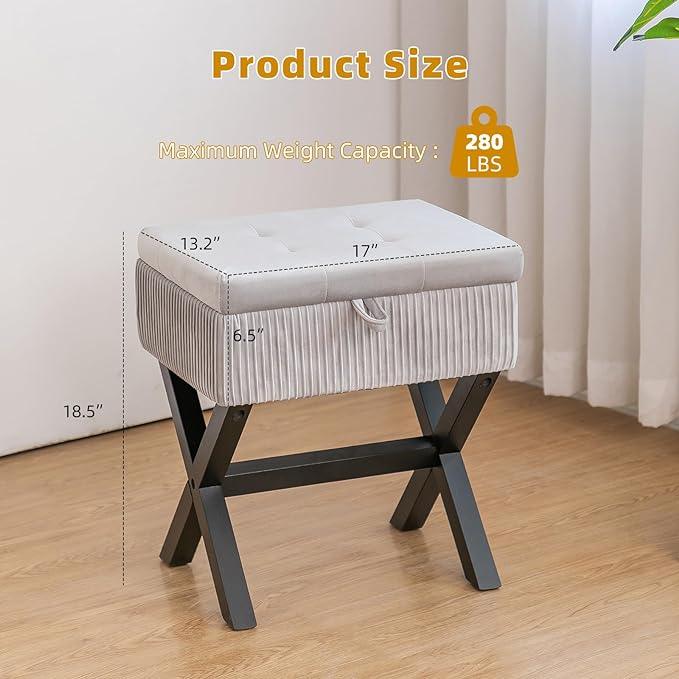 Upholstered Stool with Storage Perfect Vanity Chair for Small Rooms and Makeup Room Decor Versatile Wooden Stool Chair (Storage,Velvet Grey) - Ouch Cart