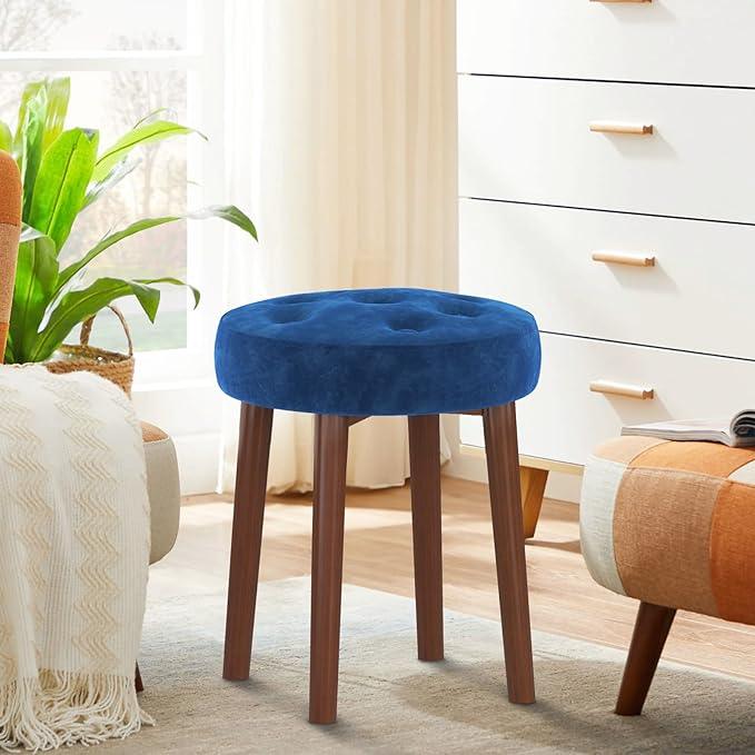 Round Makeup Vanity Stool Side Table, Vanity Chair Ottoman Rest Footstool Footrest Stool with Sturdy Wooden Legs for Makeup Room, Living Room, Bedroom-Blue - Ouch Cart