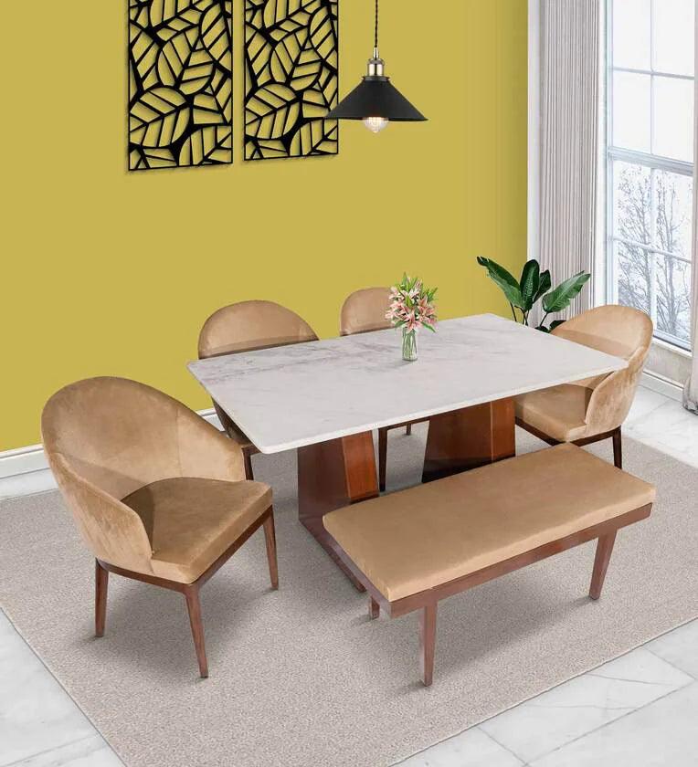 Solid Wood 6 Seater Dining Set in Beige Finish with Bench - Ouch Cart