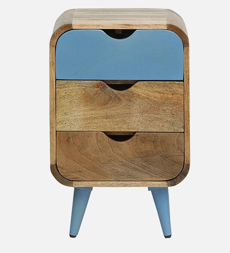Solid Wood Bedside Table In Blue Colour With Drawers - Ouch Cart