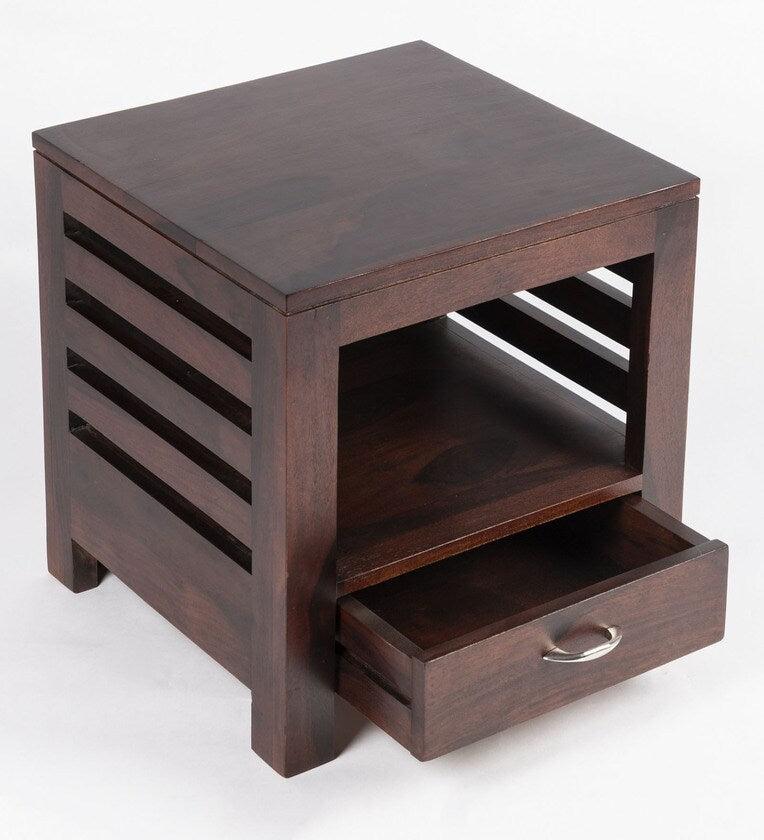 Sheesham Wood Bedside Table in Walnut Finish with Drawer - Ouch Cart