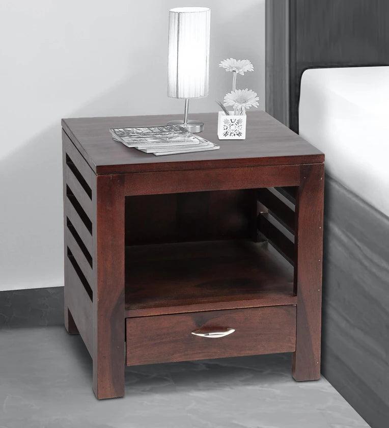 Sheesham Wood Bedside Table in Walnut Finish with Drawer - Ouch Cart
