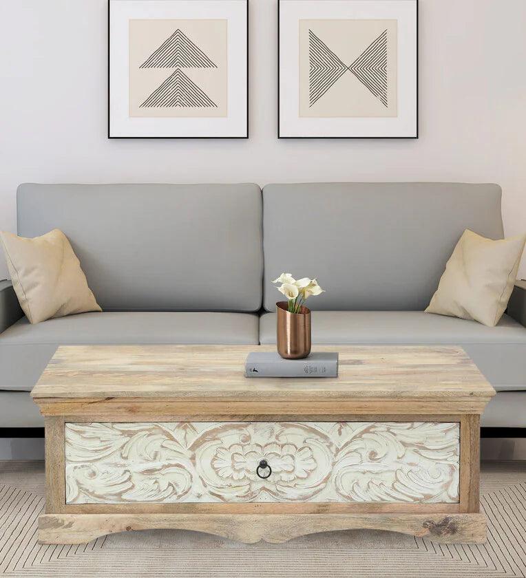 Solid Wood Rectangular Coffee Table In Scratch Resistant Natural Finish - Ouch Cart