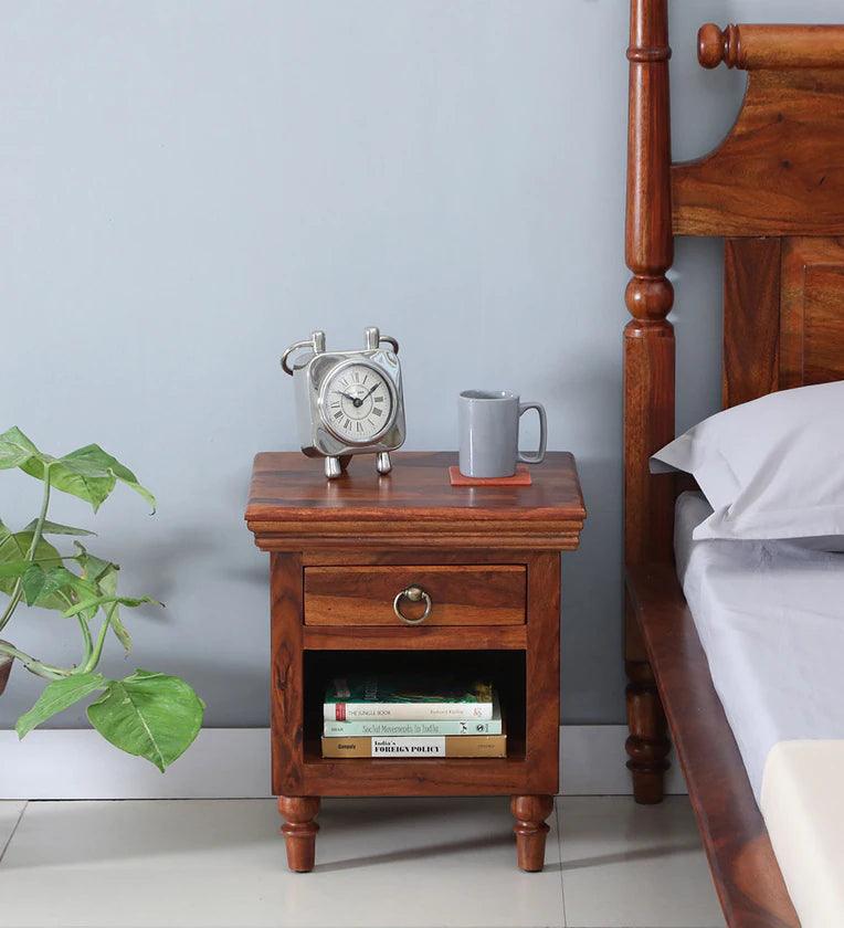 Sheesham Wood Night Stand in Scratch Resistant Honey Oak Finish - Ouch Cart