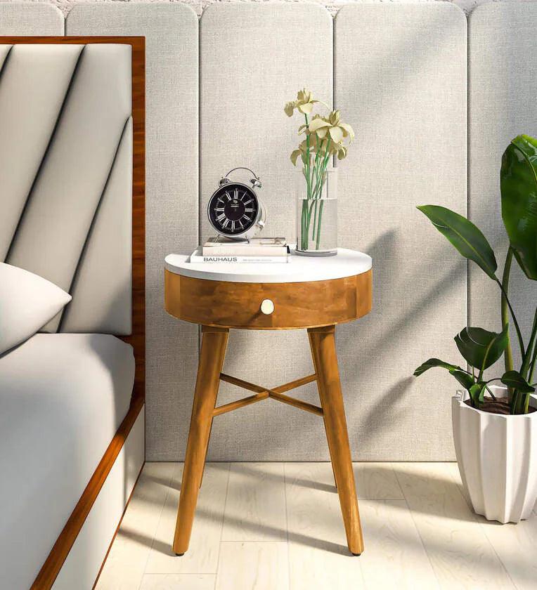 Sheesham Wood Bedside Table in Scratch Resistant Rustic Teak Finish With Drawer - Ouch Cart