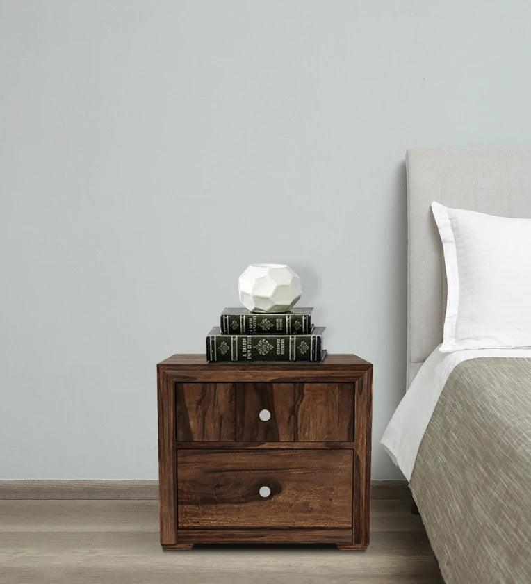 Sheesham Wood Bedside Table In Provincial Teak Finish With Drawers - Ouch Cart
