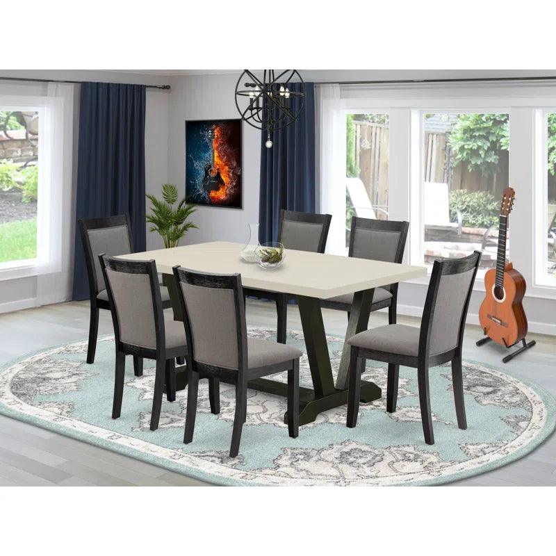 7 Piece Table Set - A Dinner Table and 6 Linen Fabric Parson Chairs - Wire Brushed Black Finish - Ouch Cart
