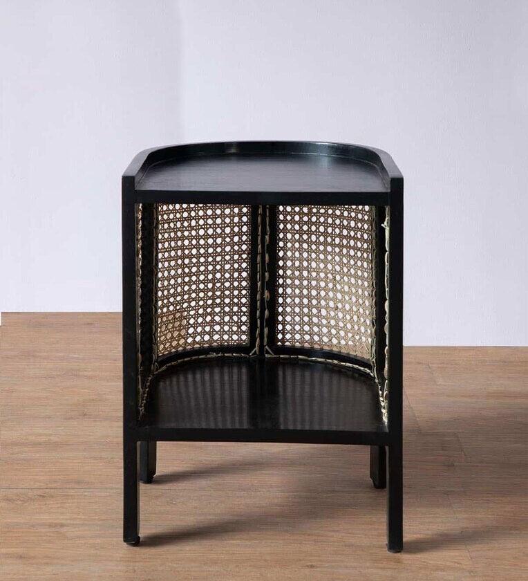 Wicker Solid Wood Bedside Table In Black Finish - Ouch Cart