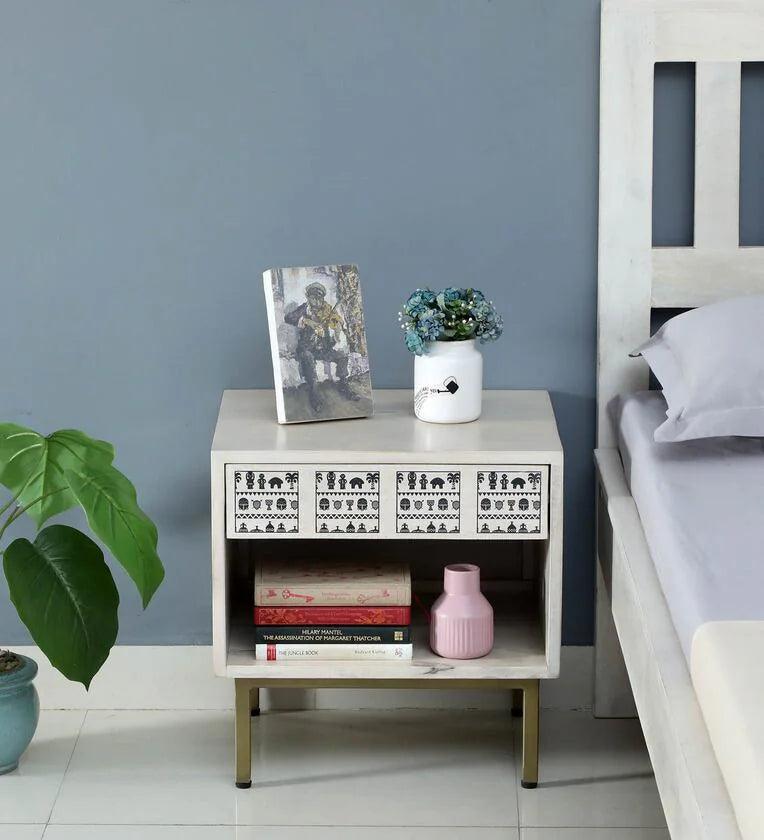 Solid Wood Bedside Table In Whitewash Finish With Drawer - Ouch Cart