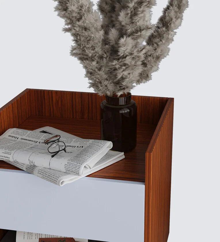 Bedside Table in Natural Teak & Cold White Finish - Ouch Cart