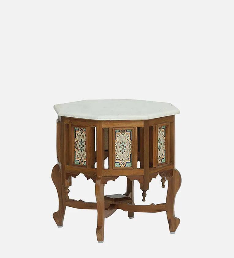 Teak Wood Coffee Table In Rustic Teak Finish With Marble Top - Ouch Cart