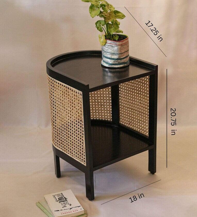 Wicker Solid Wood Bedside Table In Black Finish - Ouch Cart