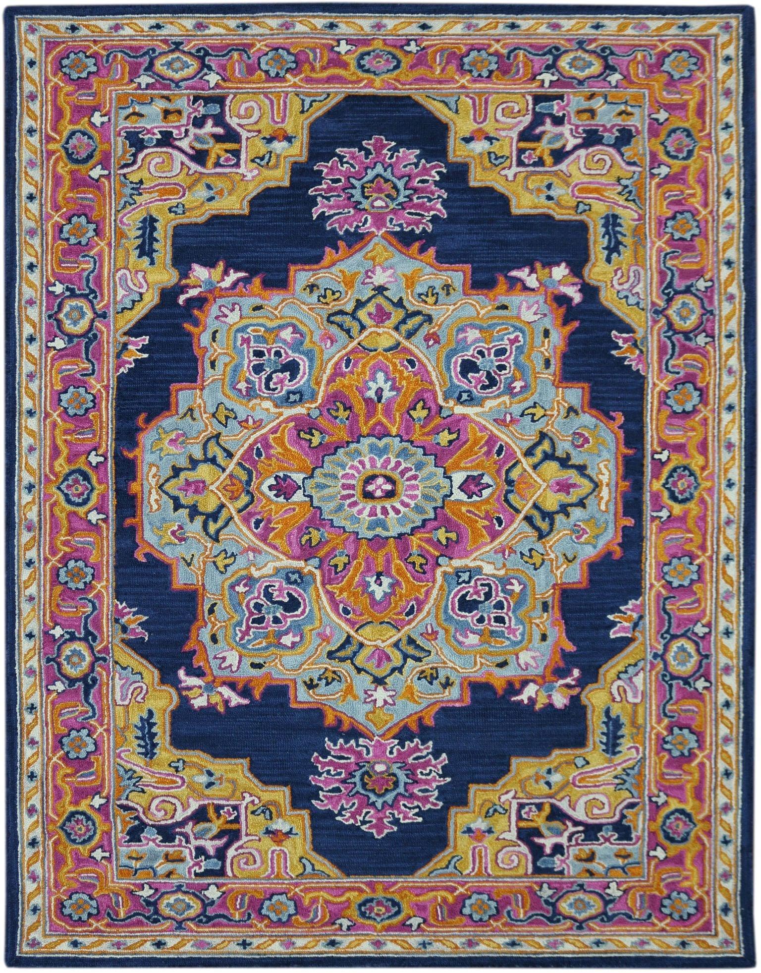 Navy Wool Boho 5x8 Feet Hand-Tufted Carpet - Rug - Ouch Cart