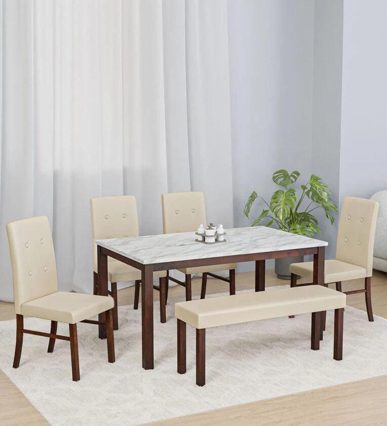 Solid Wood 6 Seater Dining Set In Oak Finish With Bench - Ouch Cart