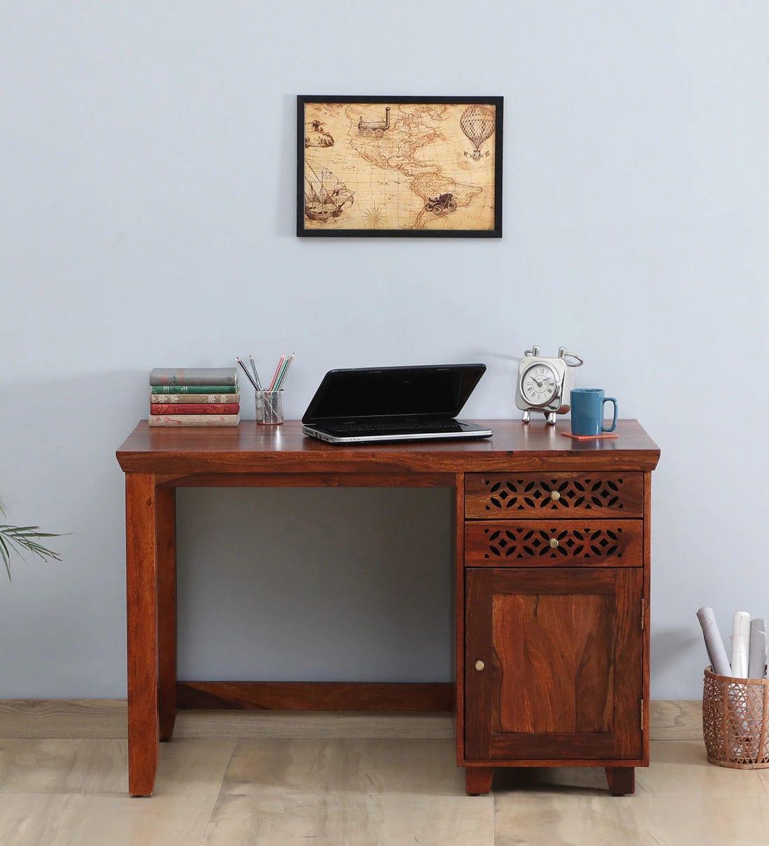 Parnika Sheesham Wood Writing Table In Honey Oak Finish, - Ouch Cart