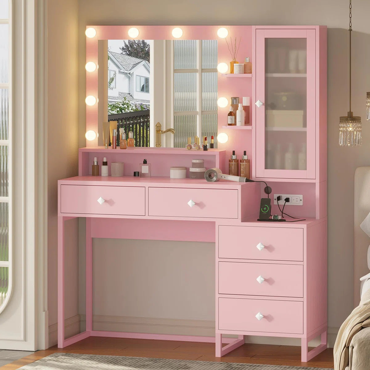 Stylish Dufault Vanity Table with Mirror and Bedroom Storage- Ouch Cart | Dressing table